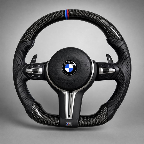 Volant BMW M Sport Méplat Custom – Carbone & Cuir Perforé | Bande bleu et rouge M
