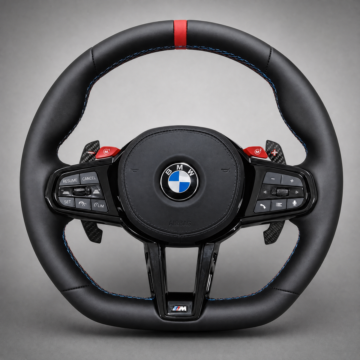 Volant BMW M CS Custom M2 M3 M4 M5 – Cuir Noir | Boutons M Rouges & Palettes Carbone