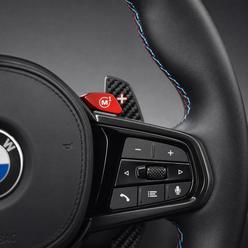 Volant BMW M CS Custom M2 M3 M4 M5 – Cuir Noir | Boutons M Rouges & Palettes Carbone