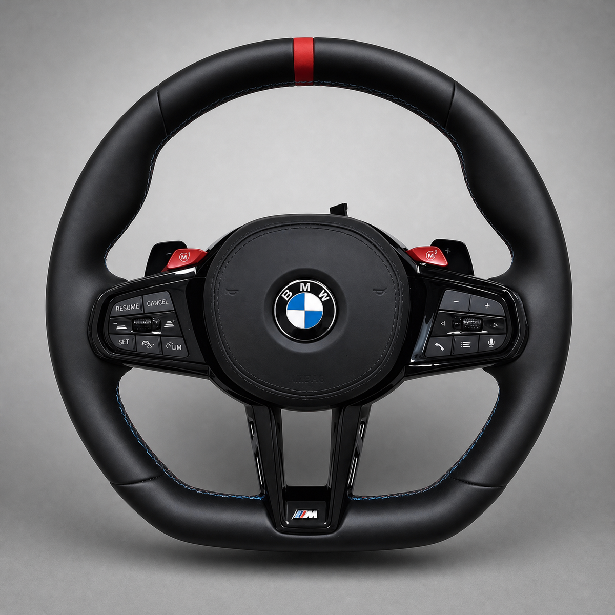 Volant BMW M CS Custom M2 M3 M4 M5 – Cuir Noir | Boutons M Rouges & Palettes Gloss Black