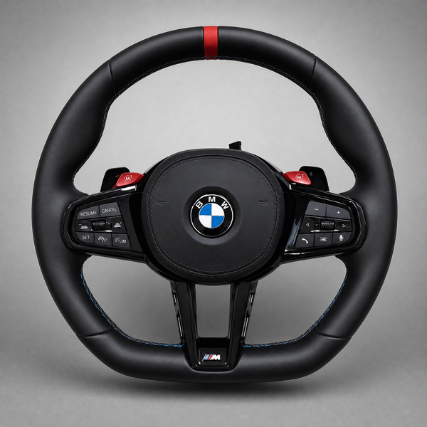 Volant BMW M CS Custom M2 M3 M4 M5 – Cuir Noir | Boutons M Rouges & Palettes Gloss Black