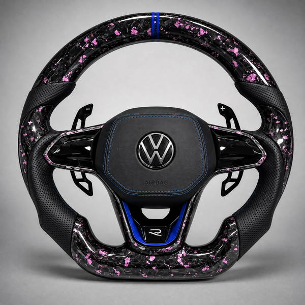 Volant VW Golf R Custom – Carbone Forgé Rose | Accents Bleus & Badge R