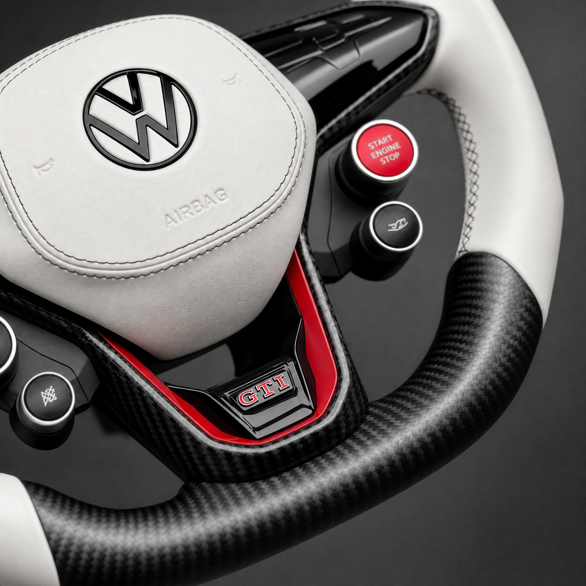 Volant VW Golf GTI  – Carbone & Cuir Blanc | Badge GTI & Start/Stop