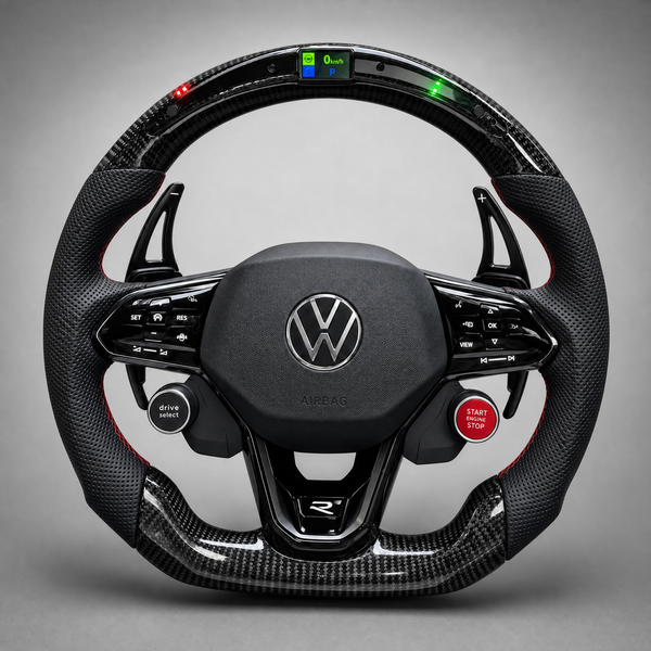 Volant VW R Custom – Carbone & Cuir Perforé | Barre LED & Start/Stop