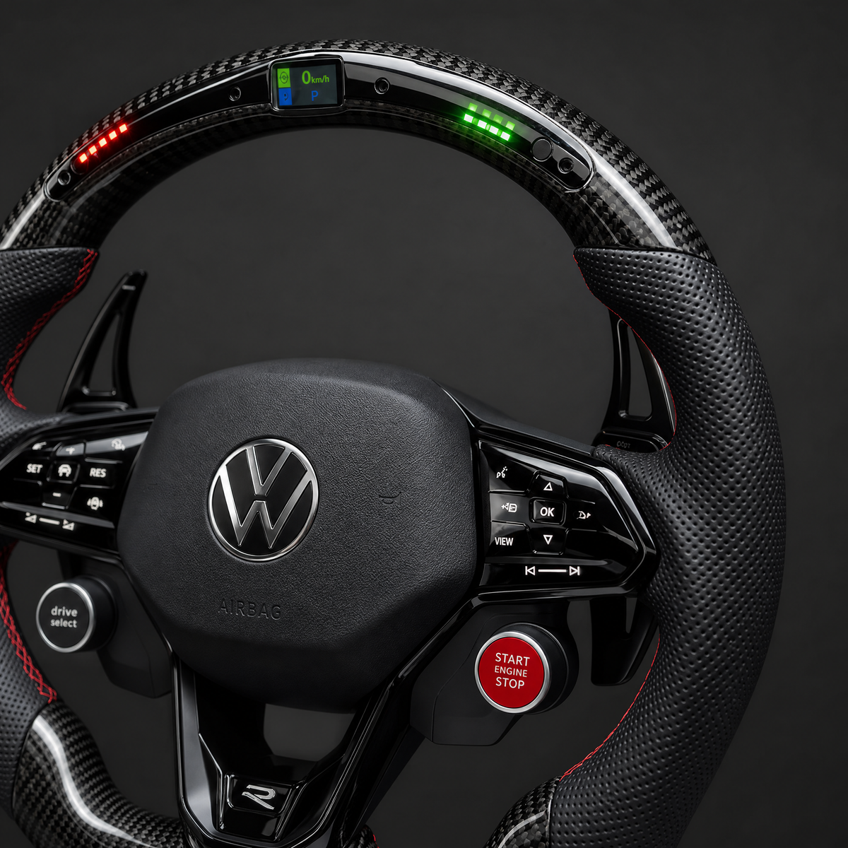 Volant VW R Custom – Carbone & Cuir Perforé | Barre LED & Start/Stop