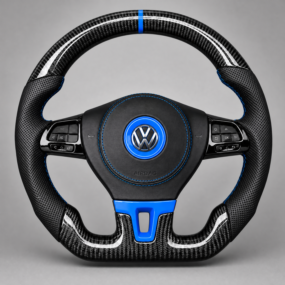 Volant Volkswagen Golf R – Carbone & Cuir Perforé | Accents Bleus