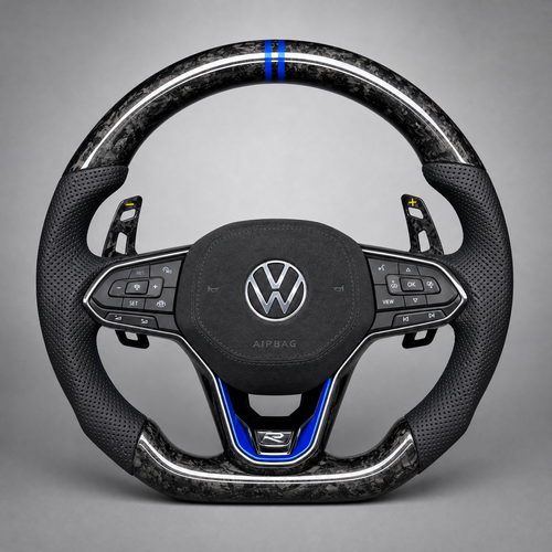 Volant Volkswagen Golf R – Carbone Forgé & Alcantara | Accents Bleus